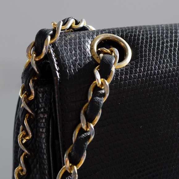 Chanel Vintage Small Classic Flap Exotic Lizard Leather 24K Gold CC Black Bag - Picture 6 of 16